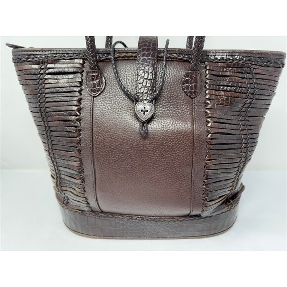Brighton Brown Pebbled Leather Shoulder Bag w/2 Braided Handles Heart Closure - Picture 2 of 13